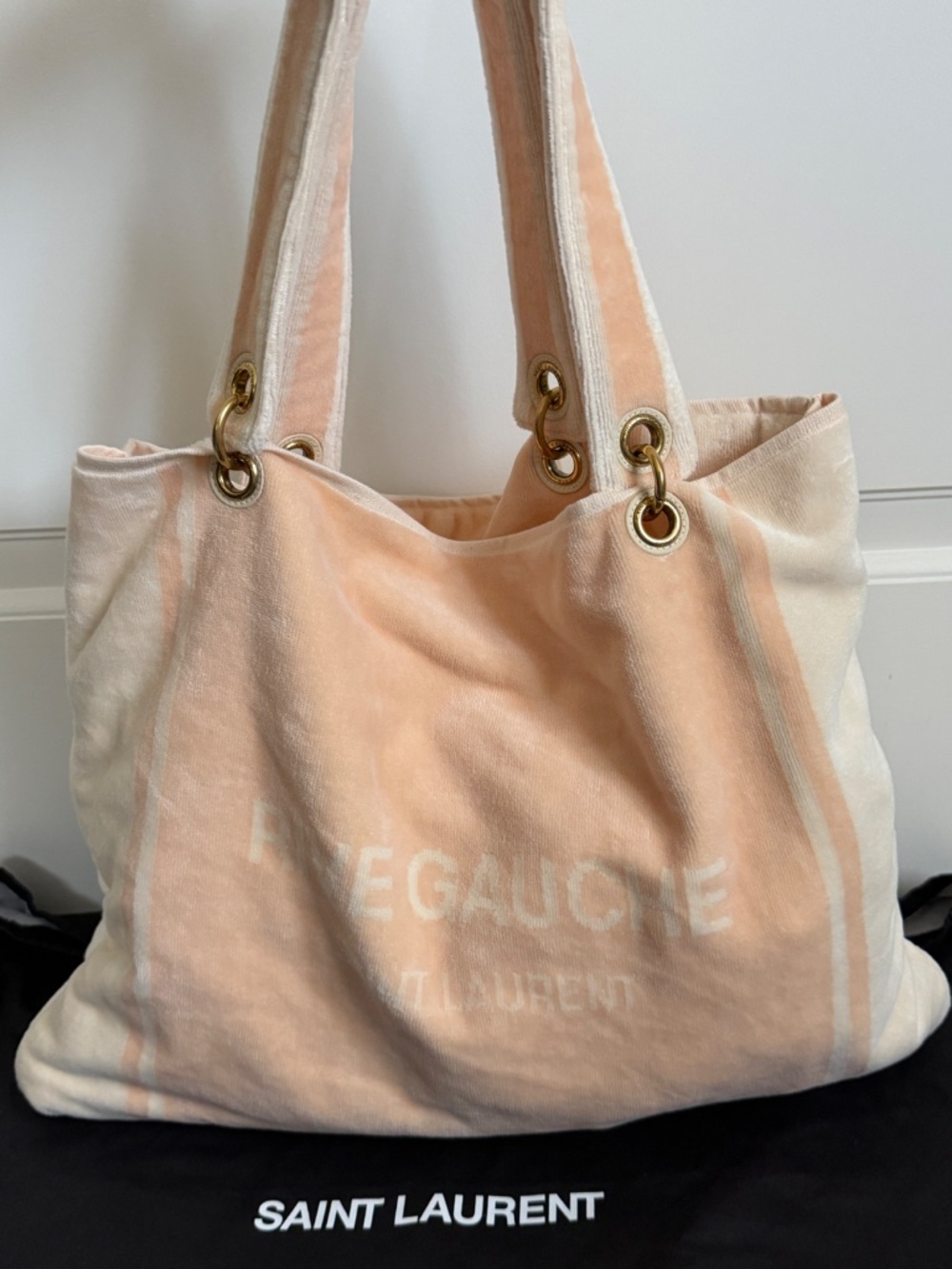Saint Laurent YSL Rive Gauche Pink White Logo Convertible Towel Terry Tote Bag - Picture 12 of 16